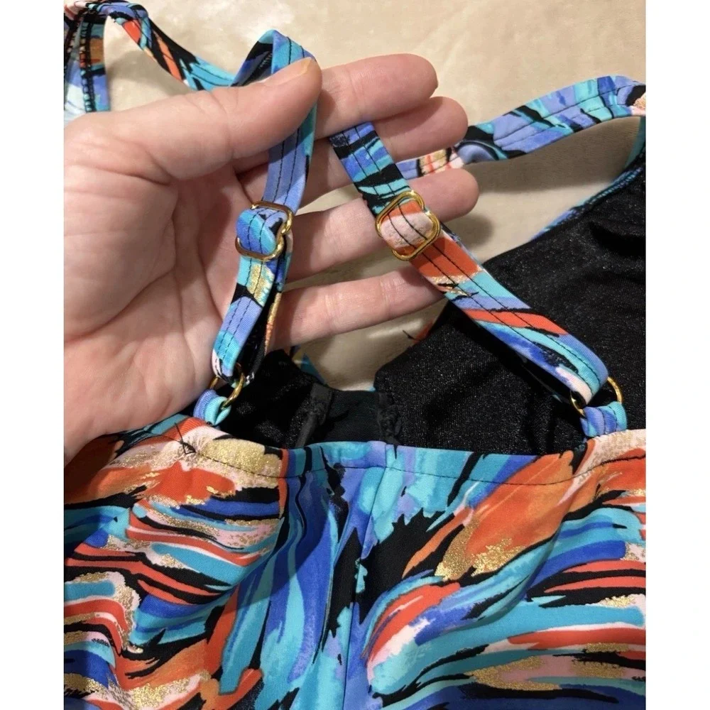 Maxine of Hollywood 1 Piece Swimsuit 16 Blue Abstract Foil Ruching Tummy Control